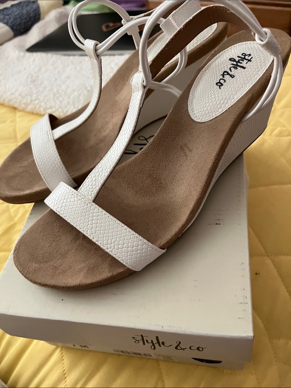 Style & Co. White T-Strap Wedge Sandals with Ankle Tie